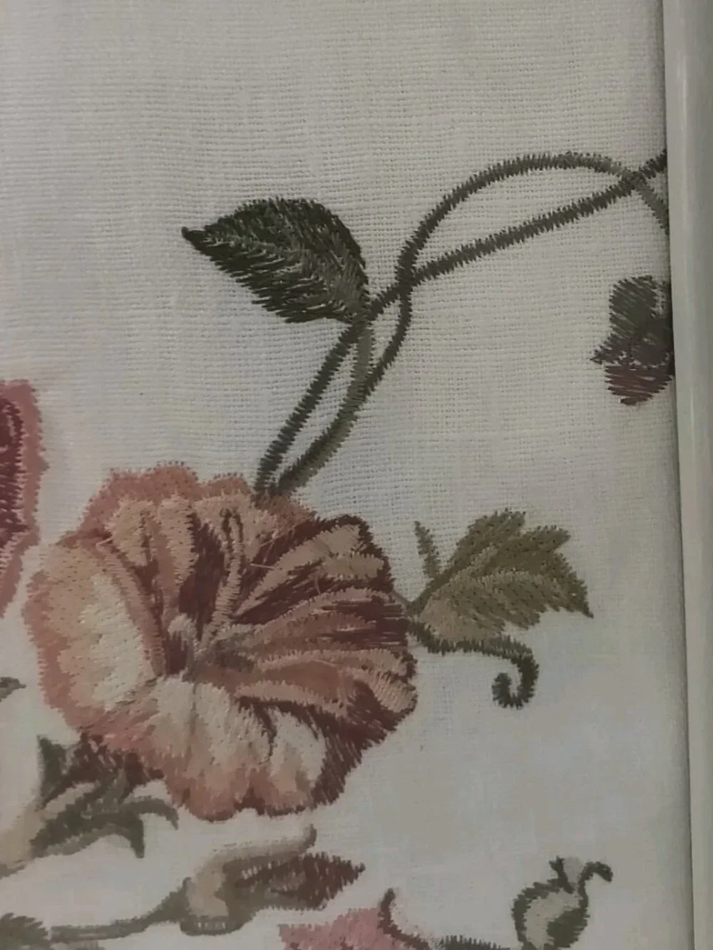 Vintage Embroidered Floral Fabric Art 1980s Curtain Sample Framed Botanical